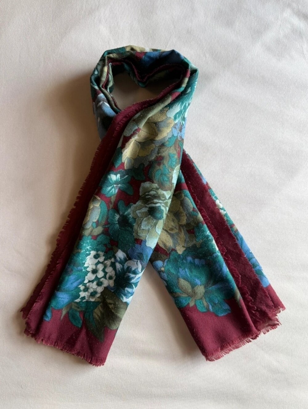VINTAGE Floral Print Lightweight Scarf in Burgundy and Teal